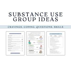 May include: A digital document titled SUBSTANCE USE GROUP IDEAS: CRAVINGS, COPING, QUESTIONS, SKILLS. It displays three informational pages featuring text, icons, and illustrations about addiction stages of change and contributing factors.