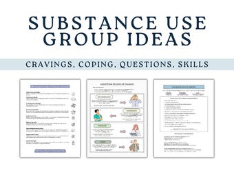 Könnte beinhalten: Ein digitales Dokument mit dem Titel SUBSTANCE USE GROUP IDEAS: CRAVINGS, COPING, QUESTIONS, SKILLS. Es zeigt drei Informationsseiten mit Text, Symbolen und Illustrationen zu Suchtphasen und beitragenden Faktoren bei Abhängigkeiten.