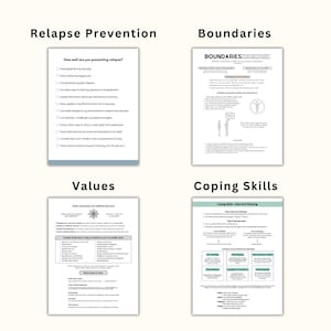 May include: Four white informational worksheets titled Relapse Prevention, Boundaries, Values, and Coping Skills. Each page contains black text, checklists, and diagrams related to recovery, including sections on distorted thinking and personal values.