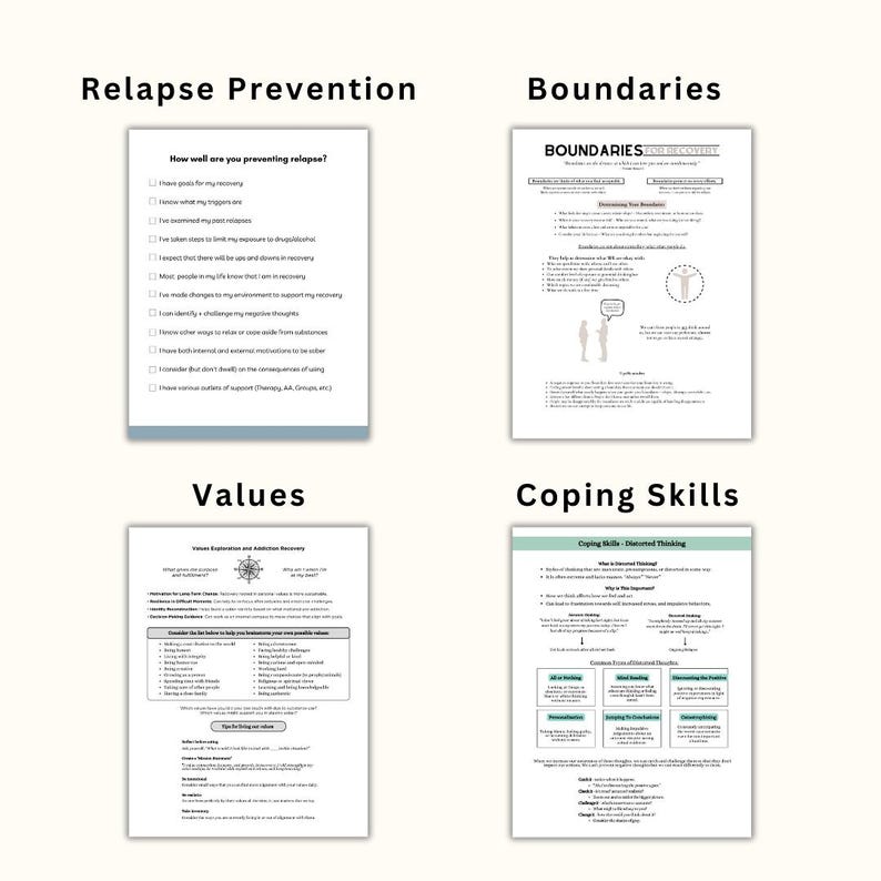 May include: Four white informational worksheets titled Relapse Prevention, Boundaries, Values, and Coping Skills. Each page contains black text, checklists, and diagrams related to recovery, including sections on distorted thinking and personal values.