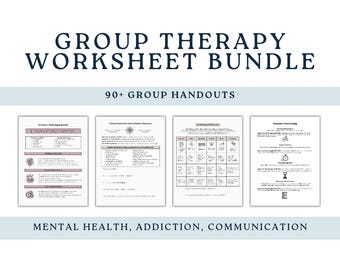 May include: A digital bundle of 90+ group therapy worksheets featuring the text Group Therapy Worksheet Bundle, 90+ Group Handouts, Mental Health, Addiction, Communication, and Made by a Licensed Therapist, with four sample pages displayed.