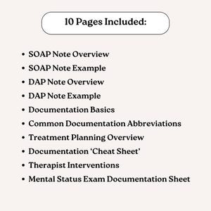 Op de afbeelding: Een lijst van 10 pagina's die zijn opgenomen in een document, met titels zoals "SOAP Note Overview", "DAP Note Example" en "Documentation Basics".