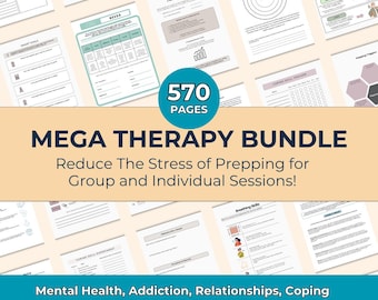May include: A collection of therapy worksheets featuring 570 pages titled Mega Therapy Bundle. The documents include sections on mental health, addiction, relationships, and coping, with various charts, diagrams, and text-based exercises.