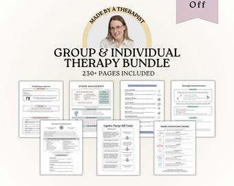May include: A digital therapy bundle featuring 230+ pages of worksheets and guides. The collection includes documents titled Social Pressure, Stress Management, Cognitive Therapy Skill Tracker, and Healthy Communication Checklist, all organized for group and individual use.