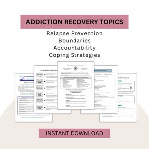 May include: A collection of printed informational sheets titled ADDICTION RECOVERY TOPICS, featuring sections on Relapse Prevention, Boundaries, Accountability, and Coping Strategies. The documents include text on therapy styles and values exploration.