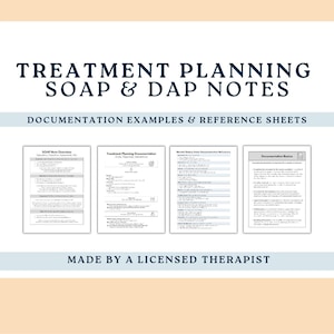 May include: A set of four informational reference sheets titled Treatment Planning SOAP & DAP Notes: Documentation Examples & Reference Sheets. The pages contain text outlines for clinical documentation, including SOAP note overviews and mental status exam references.