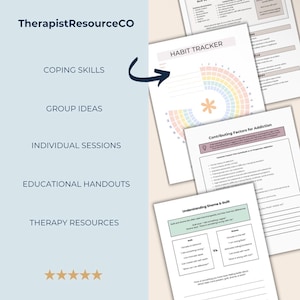 May include: A collection of white paper therapy resource handouts featuring titles such as Stress Management, Habit Tracker, Contributing Factors for Addiction, and Understanding Shame & Guilt. The text TherapistResourceCO is visible on the left side.