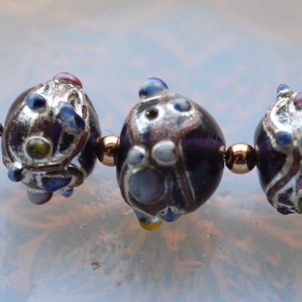 10 Venetian Murano Style Wedding Cake Fancy Lampwork Rondelle Beads, 13x11mm,  Deep Royal Purple, Textured Blue, Pink, Silver and Gold Foil