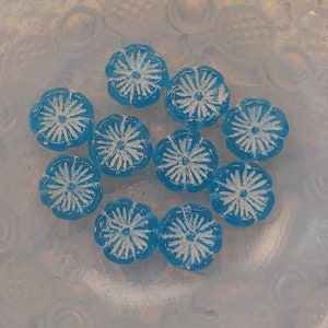 10 Czech Glass 12mm Hawaiian Hibiscus or  Pansy Beads, Sky Blue with White Detailing, Semi-Translucent