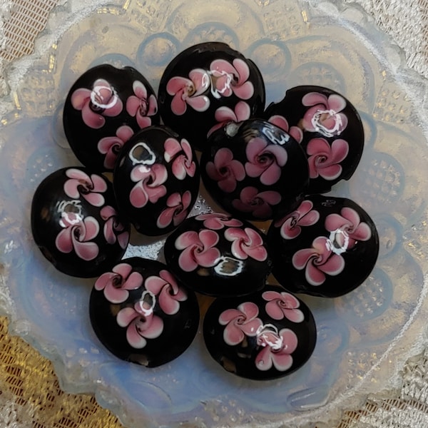 10 Hand Painted Japanese Style Cherry Blossom Lampwork Coin Beads, Beautiful Black and Pink Beads, DIY Jewelry Supply, Valentine's Day