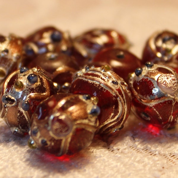 10 Venetian Murano Style Wedding Cake Fancy Lampwork Rondelle Beads, 13x11mm, Deep Cranberry Red, Textured Blue, Pink, Silver and Gold Foil