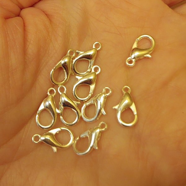 10 Shiny Silver or White Gold Lobster Claw Clasps, DIY Jewelry Making, Jewelry Repair