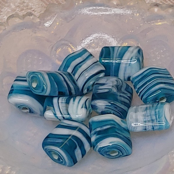 10 Beautiful Caribbean Blue and White Swirl Rectangle Lampwork Glass Beads, DIY Jewelry and Craft Supplies