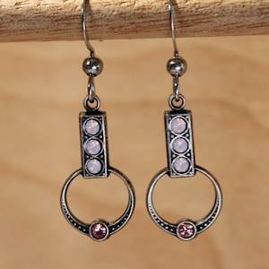 Pink Rhinestone Earrings, Modern Style, Opal, Rose, Tri-Stone Bar and Ring, Oxidized Silver Tone, Hypo Stainless Steel Hooks, USA Made Brass