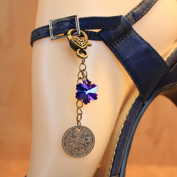 Lucky Authentic Six Pence Wedding Keepsake Charm, Antique Bronze Giant Lobster Claw, Blue Snowflake Crystal for Shoes, Bouquets, Garters