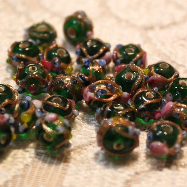 25 Venetian Murano Style Mini Wedding Cake Fancy Lampwork Rondelle Beads, Emerald Green, 6 to 8 mm, Vintage, DIY Jewelry Supplies, Fancy