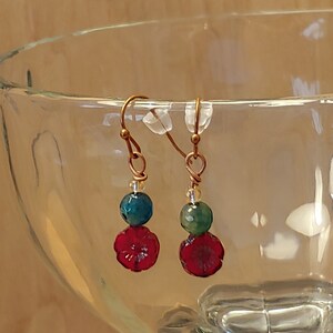 Czech Red Hibiscus, Agate and Copper Earrings