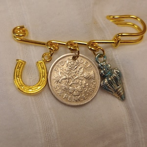 Lucky Authentic Six Pence Gold Bustle Train Pin, Choice of Shell and Color, For Wedding Gowns or Decorations