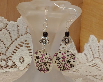 Silver Cherry Blossom Earrings, Think Spring Flowers!  Pink and Black, Valentine's Day Gift, Sakura Flowers