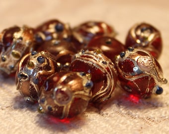 10 Venetian Murano Style Wedding Cake Fancy Lampwork Rondelle Beads, 13x11mm, Deep Cranberry Red, Textured Blue, Pink, Silver and Gold Foil