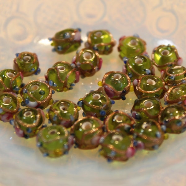 25 Venetian Murano Style Mini Wedding Cake Fancy Lampwork Glass Rondelle Beads, Apple Green, 6 to 8 mm, Vintage, DIY Jewelry Supplies, Fancy