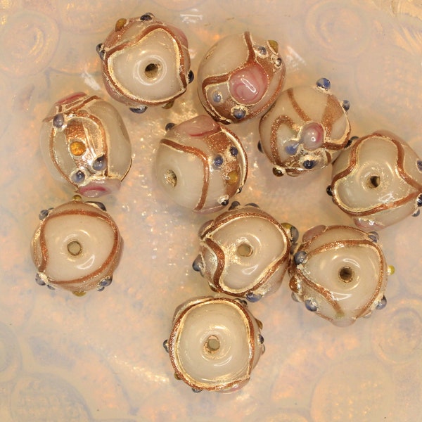 10 Venetian/Murano Style Wedding Cake Fancy Lampwork Rondelle Beads, Pale Silver, 13x11mm, Textured Blue, Pink ,Yellow, Silver and Gold Foil