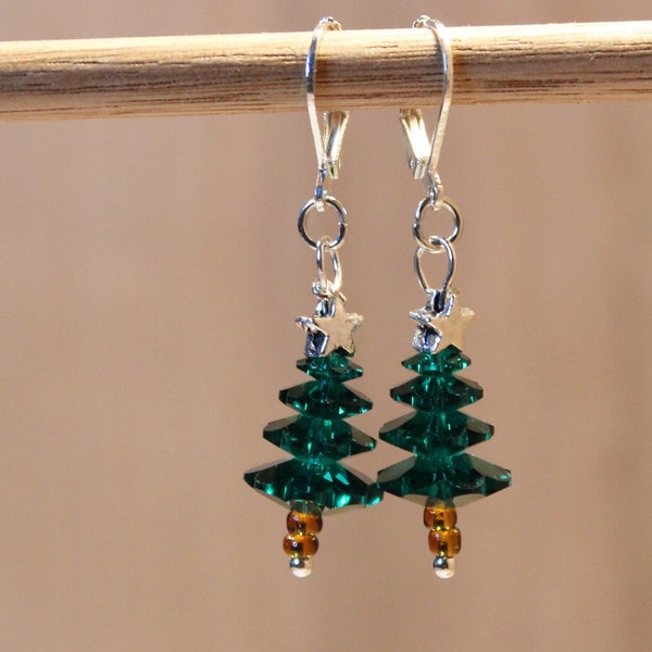 Swarovski Crystal Christmas Tree Leverback Earrings, Silver Star,  Holiday Earrings, Christmas Jewelry, Festive Accesories