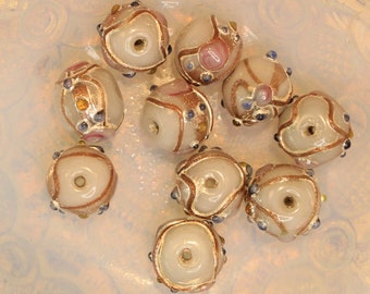 10 Venetian/Murano Style Wedding Cake Fancy Lampwork Rondelle Beads, Pale Silver, 13x11mm, Textured Blue, Pink ,Yellow, Silver and Gold Foil