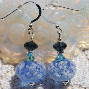 OOAK SRA Lampwork Earrings, Sterling Silver Hook,  Beachy Blue, Turquoise, Montana Blue, Artisan Handmade Beads, Dangle Earring, Czech Glass