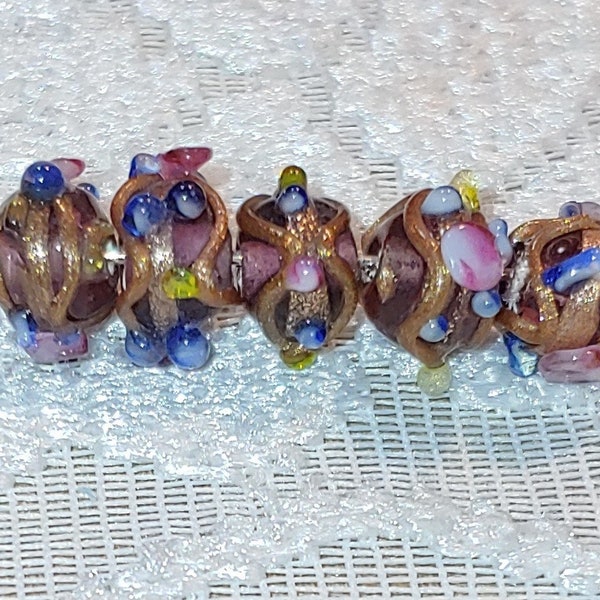 25 Venetian Murano Style Mini Wedding Cake Fancy Lampwork Rondelle Beads, Plum Purple, 6 to 8 mm, Vintage, DIY Jewelry Supplies, Fancy Beads