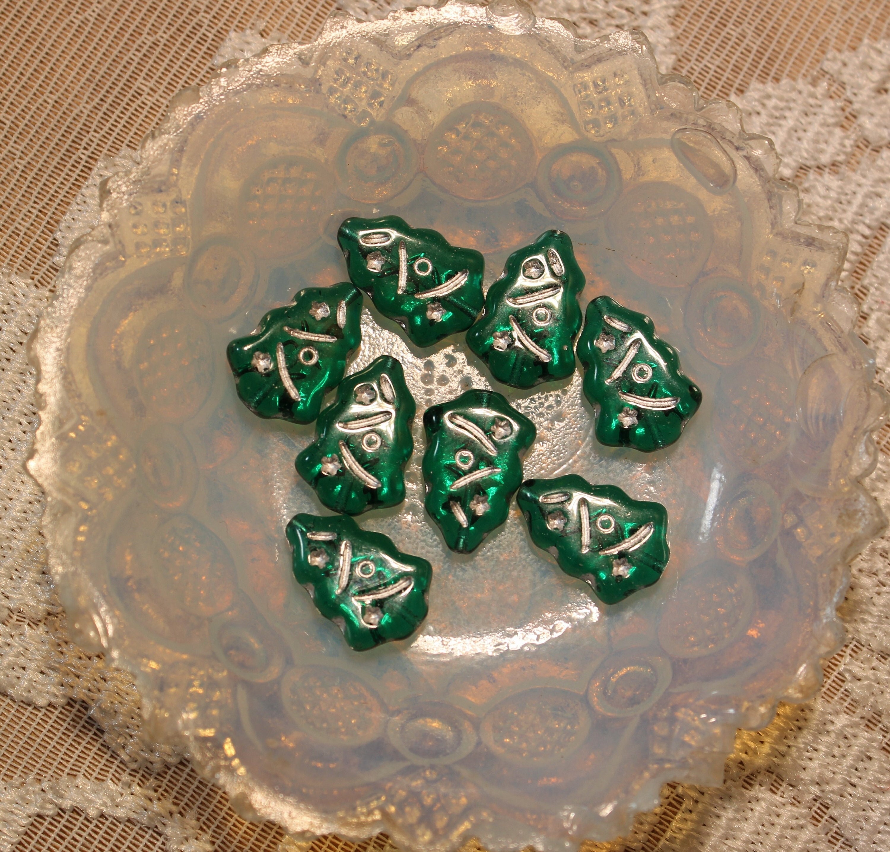 Czech glass Christmas tree beads 10pc mint green AB 17x12mm UV