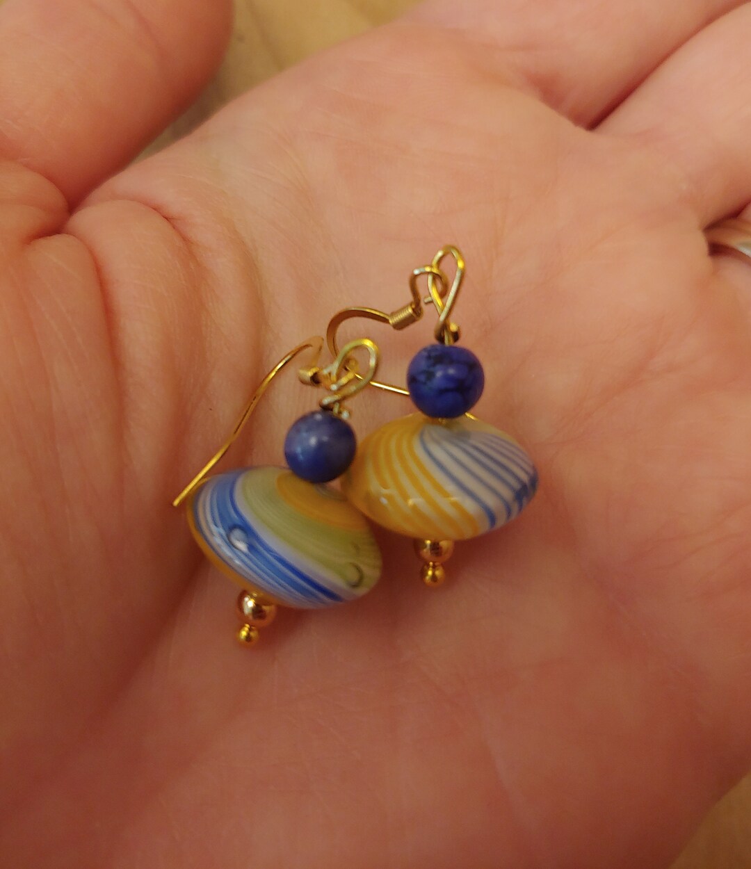 Blown Glass Earrings, Carnival Swirls Cobalt Blue, Lime Green