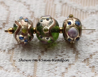 10 Venetian Murano Style Wedding Cake Fancy Lampwork Rondelle Beads, 13x11mm, Translucent Green, Textured Blue, Pink, Silver and Gold Foil