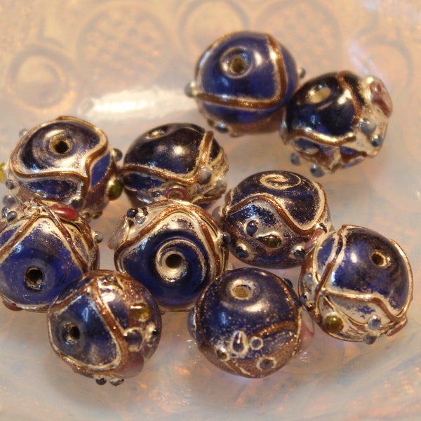 10 Venetian/ Murano Style Wedding Cake Fancy Lampwork Rondelle Beads, 13x11mm, Royal Blue, Textured Blue, Pink, Yellow, Silver and Gold Foil