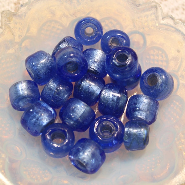 20 Denim Blue with Fine Silver Foil Lampwork Glass Crow Beads, Transparent, Trade Beads, Large Hole Beads,12x8mm, Roller, DIY Jewelry Supply