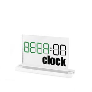 May include: A clear acrylic desk clock with the word "BEER:00 clock" printed on the front. The word "BEER" is in green digital font, while "00" and "clock" are in black. The clock has a white base.