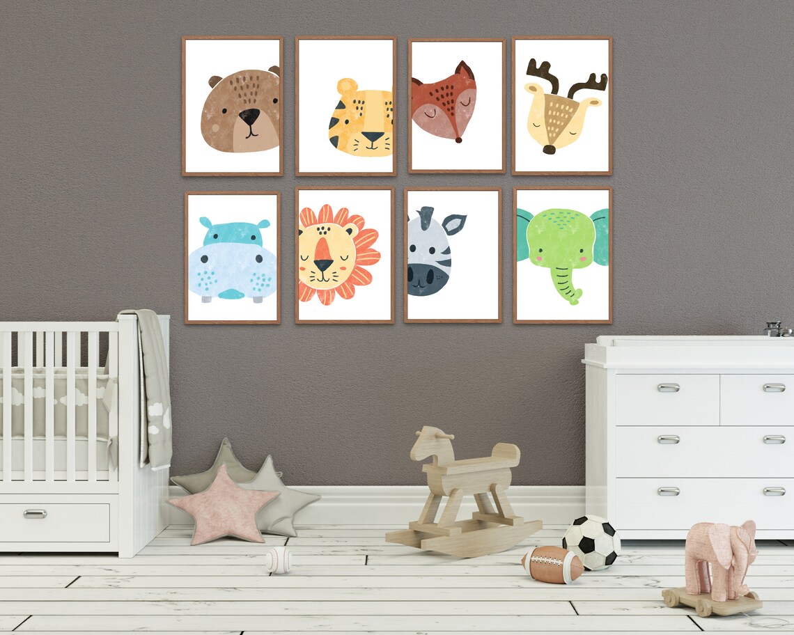 Set of Eight Nursery Animals Printable Wall Art, Baby Room Prints Set ...