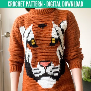 Pode incluir: Padrão de crochê para um suéter de tigre. O suéter é laranja com um rosto de tigre preto e branco na frente. O tigre tem olhos amarelos.