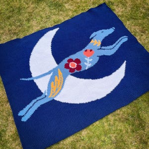 May include: A blue crocheted blanket with a white crescent moon and a stylized blue dog with floral accents.