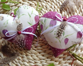 Large fabric hearts 12x13cm for hanging,  Acufactum fabric,checkerboard flower,shabby,country house,spring,decorative hearts,quail eggs