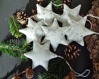 3 fabric stars 9.5x9.5cm, white silver, stars made of fabric for hanging, Christmas tree decorations, children's room, Christmas decoration