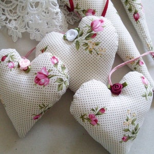 3 fabric hearts 9x9cm,country house,shabby,made of rose fabric,Mother&#39;s Day,Valentine&#39;s Day,decorative hearts,baby room,pink, red, white
