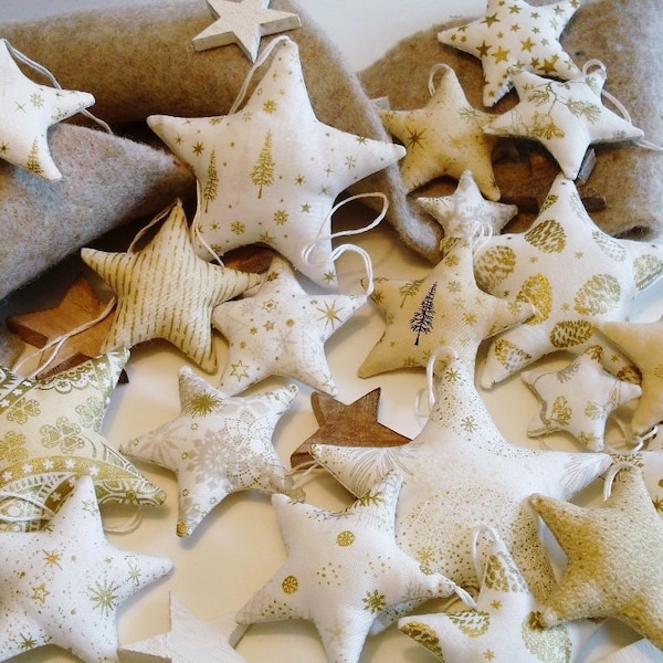 Estrellas de tela,oro,varias variaciones,adornos para arboles de navidad,crema,beige,natural, dorado, decoración navideña