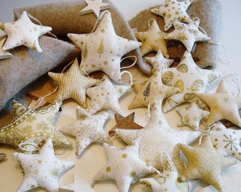 Fabric stars,several variations,fabric stars to hang up ,Christmas tree ornaments,gold,cream,beige,natural,gold,Christmas decoration