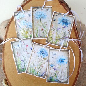 6 Etichette Decorative da Appendere, Etichette Regalo in Carta Fatte a Mano, Adesivi, Fiori Estivi Blu