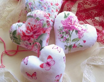 4 fabric hearts 9x9cm,country house,shabby,made of rose fabric,decorative hearts,baby room,pink, white,green, watercolor flowers