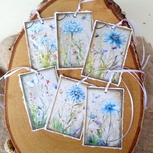 6 Etichette Decorative da Appendere, Etichette Regalo in Carta Fatte a Mano, Adesivi, Fiori Estivi Blu
