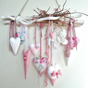 Window decoration, branch hanger, shabby, wooden hanger with fabric hearts, driftwood, romantic country house decoration,Easter decoration