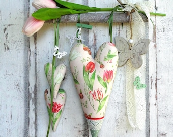 Decorazione da appendere a un ramo, per finestre, con cuori in tessuto, stile country romantico, realizzata in tessuto Acufactum