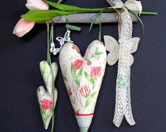 Branch Hanger,Window Decoration,Hanging Ornament,Hanging Decor,Decorative Hanger with Fabric Hearts,Romantic Country Style,Acufactum Fabric